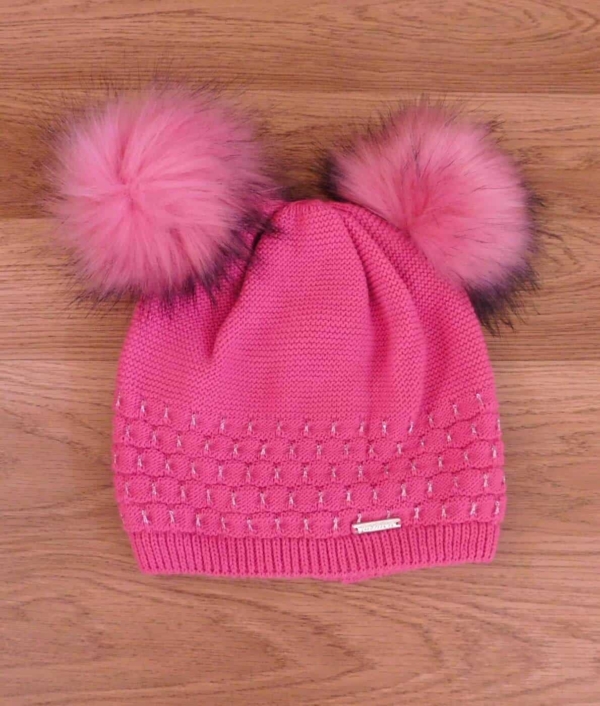 Dupla bojtos kötött gyerek sapka, bélelt - SR032 - Pink