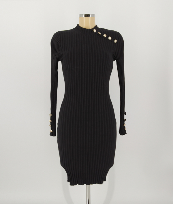 Magas nyakú női sztreccs ruha díszgombokkal - RSA2015 - Fekete