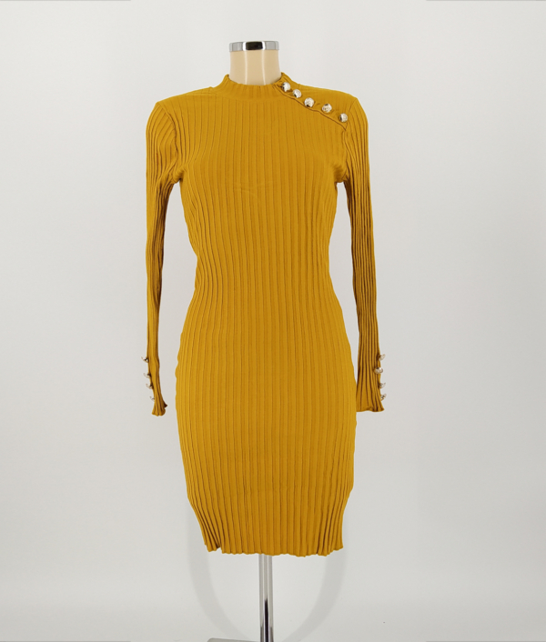 Magas nyakú női sztreccs ruha díszgombokkal - RSA2015 - Mustársárga