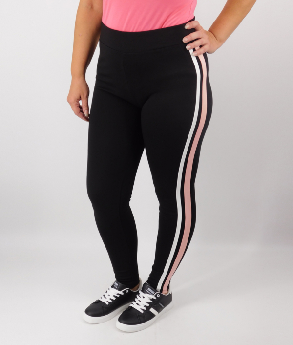 Nagyméretű női leggings, oldalán csíkkal - N-8411 - Rózsaszín csíkkal