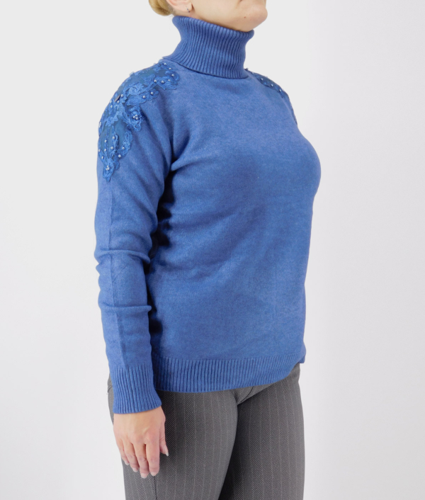 Garbó nyakú, kötött női pulóver - P-K7001-kék