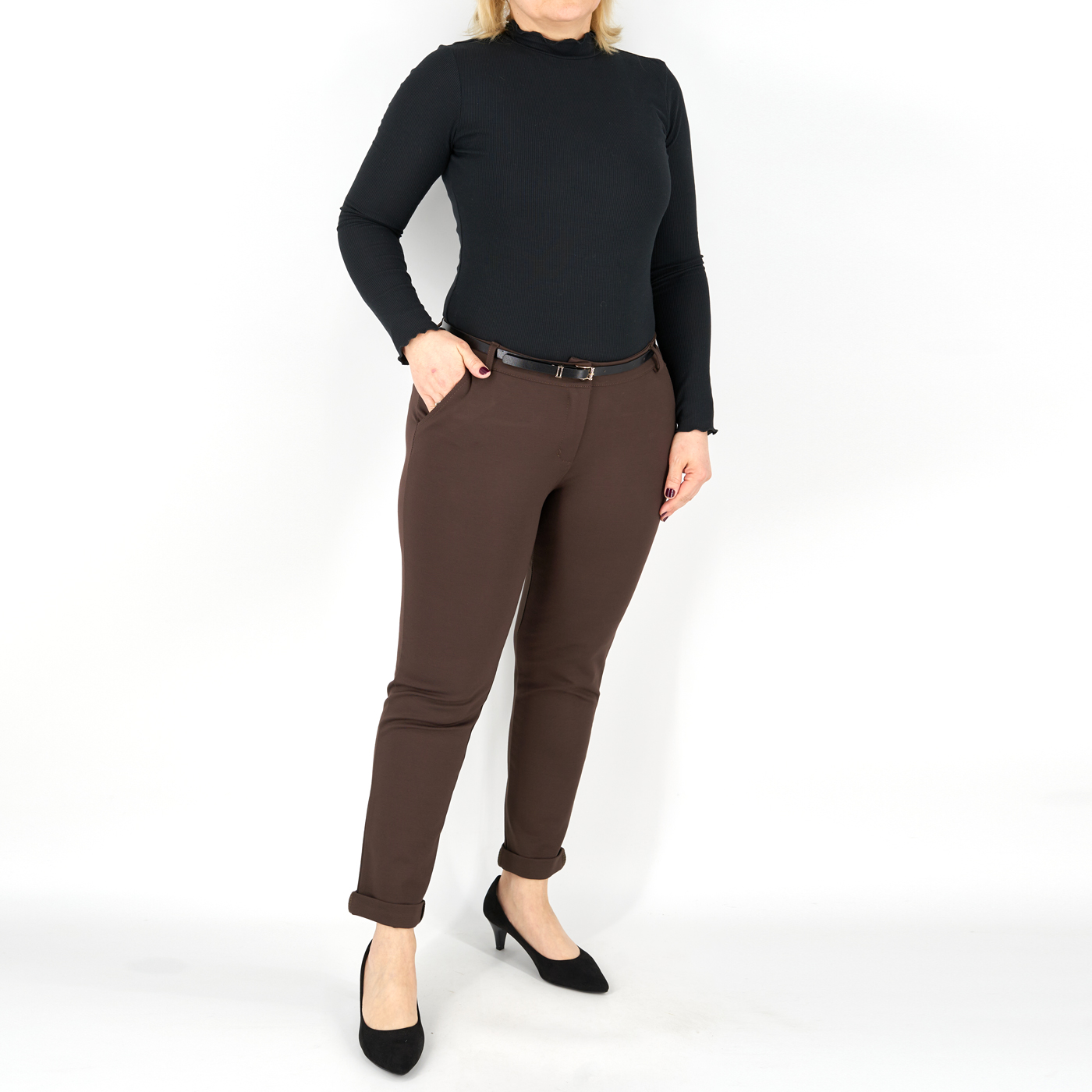 Elegáns női nadrág + öv - N2808 - Sötétbarna 3 Elegáns női nadrág + öv - N2808 - Sötétbarna-2