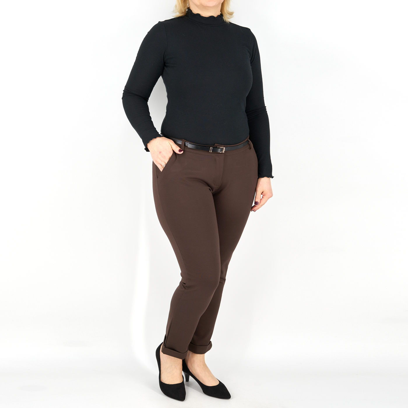 Elegáns női nadrág + öv - N2808 - Sötétbarna 4 Elegáns női nadrág + öv - N2808 - Sötétbarna-3