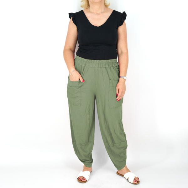Női pamut nadrág, aszimmetrikus aljú - N6165 - Khaki