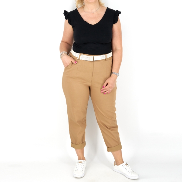Egyenes szárú női nadrág + öv - N7566 - Bamboo - Barna