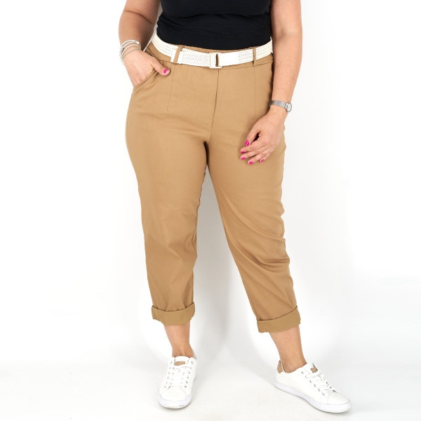 Egyenes szárú női nadrág + öv - N7566 - Bamboo - Barna