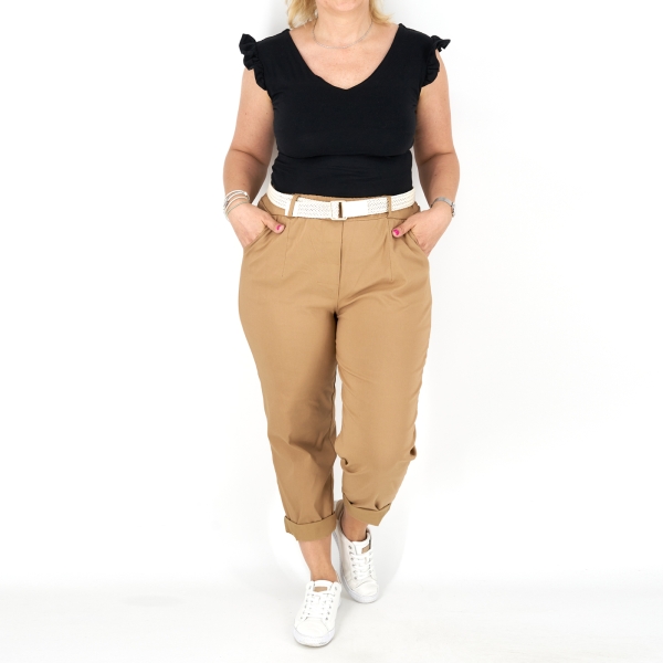 Egyenes szárú női nadrág + öv - N7566 - Bamboo - Barna