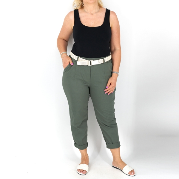 Egyenes szárú női nadrág + öv - N7566 - Khaki