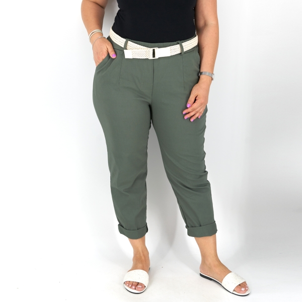 Egyenes szárú női nadrág + öv - N7566 - Khaki
