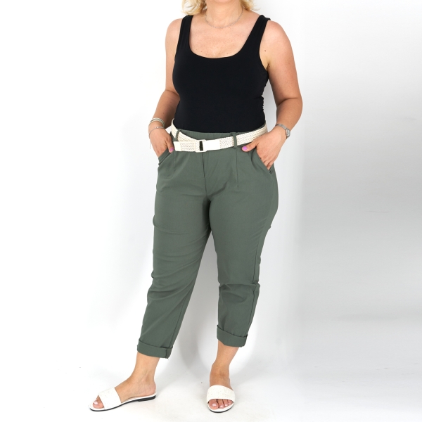Egyenes szárú női nadrág + öv - N7566 - Khaki