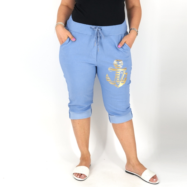 Horgony mintás sztreccs capri nadrág - N2545 - Farmerhatású (Világos)-2