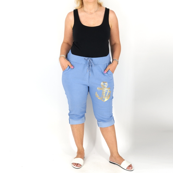Horgony mintás sztreccs capri nadrág - N2545 - Farmerhatású (Világos)-3