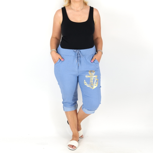 Horgony mintás sztreccs capri nadrág - N2545 - Farmerhatású (Világos)