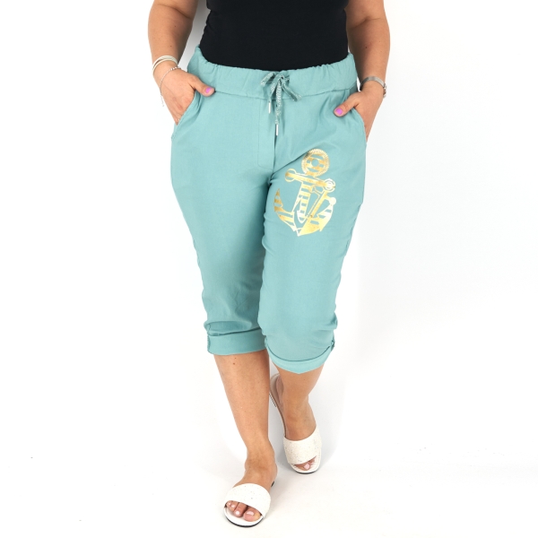 Horgony mintás sztreccs capri nadrág - N2545 - Menta-2