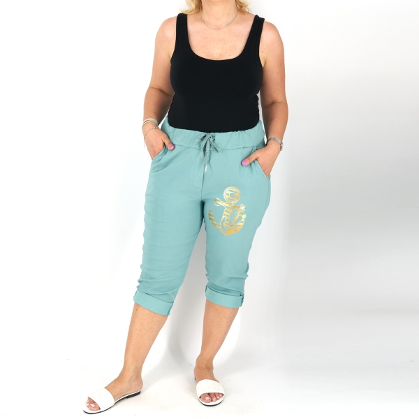 Horgony mintás sztreccs capri nadrág - N2545 - Menta