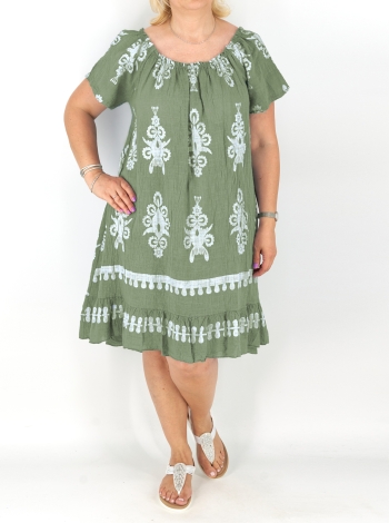 Mintás gumis nyakú géz nyári ruha - R2537 - Khaki