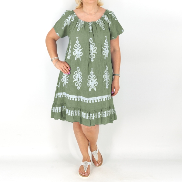 Mintás gumis nyakú géz nyári ruha - R2537 - Khaki
