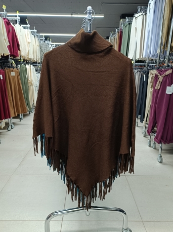 Puha tapintású női poncsó rojtokkal - F8213 - Barna
