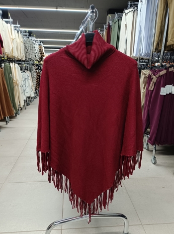 Puha tapintású női poncsó rojtokkal - F8213 - Bordó