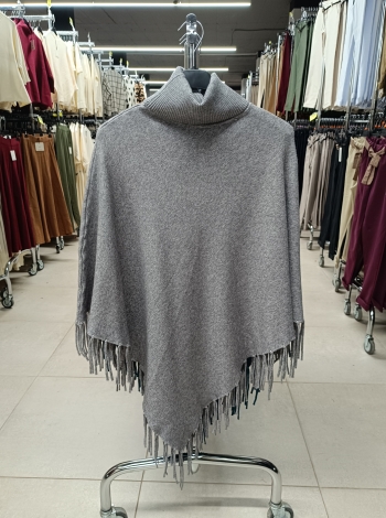 Puha tapintású női poncsó rojtokkal - F8213 - Szürke