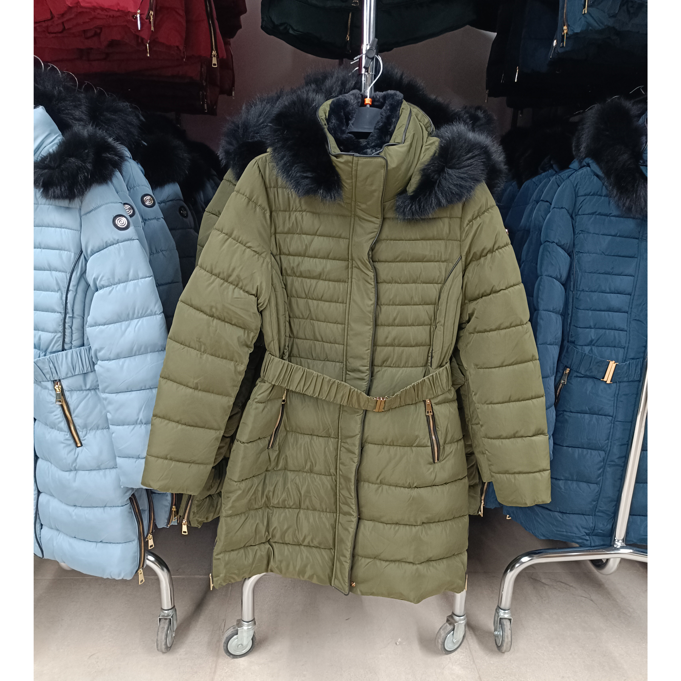 Steppelt, hosszú téli kabát - FLY-1213 - Khaki 1 Steppelt, hosszú téli kabát - FLY-1213 - khaki