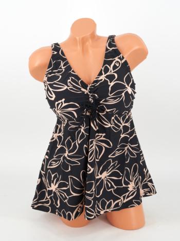 Zárt hátú, sortos szoknyás tankini - F261312 - Fekete-bézs