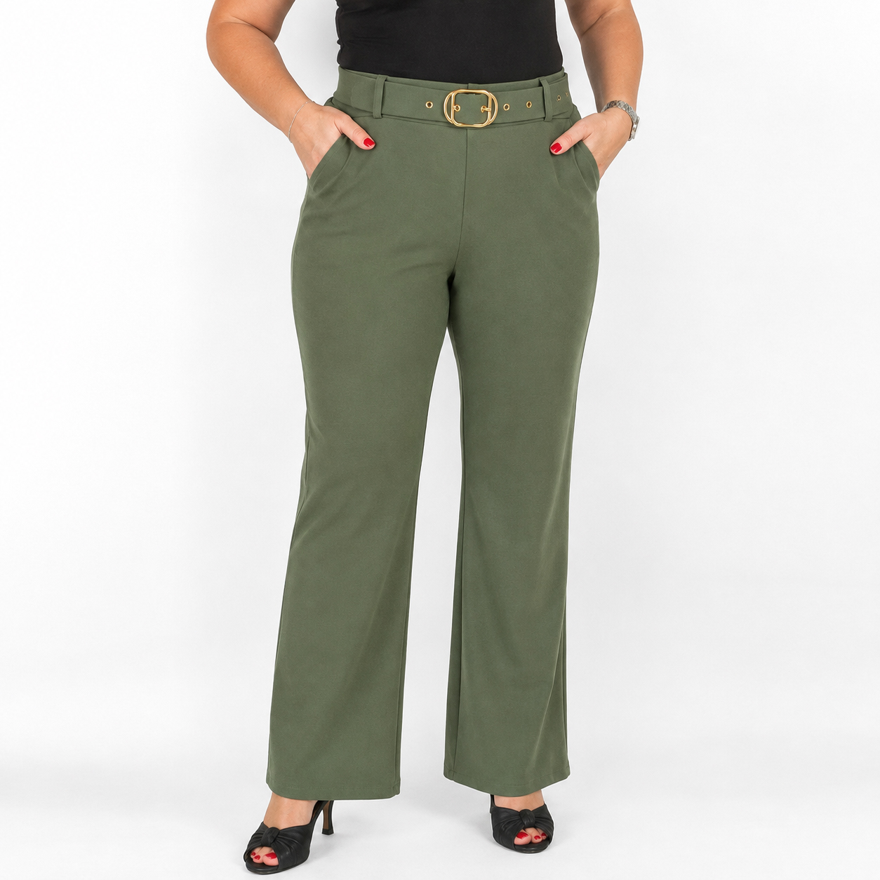 Magas derekú, elegáns női nadrág + öv ( Őszi-Téli ) - N3121 - Khaki 1 Magas derekú, elegáns női nadrág + öv - N3121 - Khaki zöld