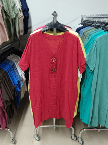 V nyakú pamutvászon tunika - T9418 - Bordó