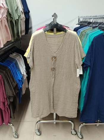 V nyakú pamutvászon tunika - T9418 - Fangó