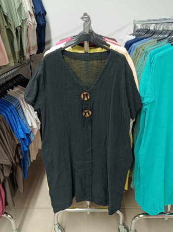 V nyakú pamutvászon tunika - T9418 - Fekete