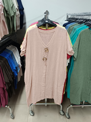 V nyakú pamutvászon tunika - T9418 - Púder
