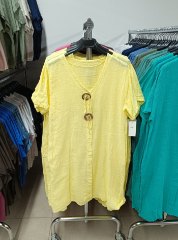 V nyakú pamutvászon tunika - T9418 - Sárga