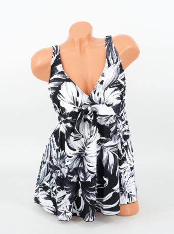 Sortos szoknyás tankini, zárthátú (2 részes szett) - F26119 - Fekete-Fehér