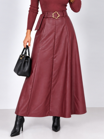 Elegáns, magas derekú műbőr maxi szoknya - N5239 - Bordó