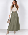 Elegáns, magas derekú műbőr maxi szoknya - N5239 - Khaki