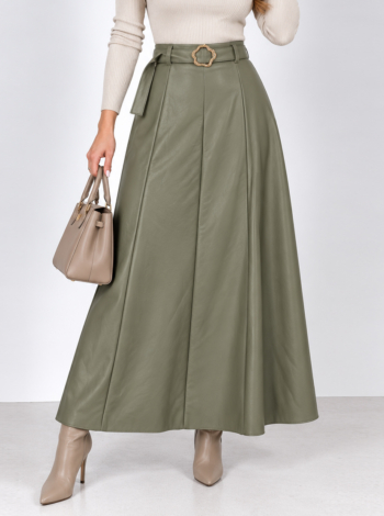 Elegáns, magas derekú műbőr maxi szoknya - N5239 - Khaki