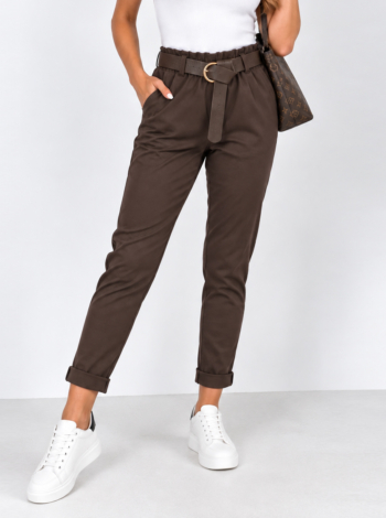 Gumis derekú, női sztreccs nadrág + Öv - N9995 - Csokibarna
