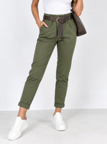 Gumis derekú, női sztreccs nadrág + Öv - N9995 - Khaki