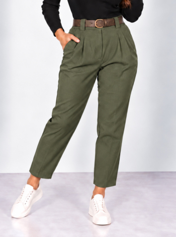 Gumis derekú, női sztreccs répanadrág + öv - N2607 - Khaki