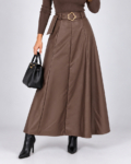 Elegáns, magas derekú műbőr maxi szoknya - N5239 - Barna