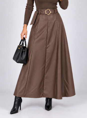 Elegáns, magas derekú műbőr maxi szoknya - N5239 - Barna