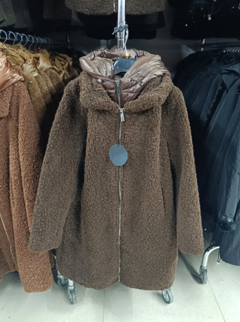 Női Teddy kabát, steppelt szélfogóval ( Hosszított ) - FLY-2955 - Csokibarna